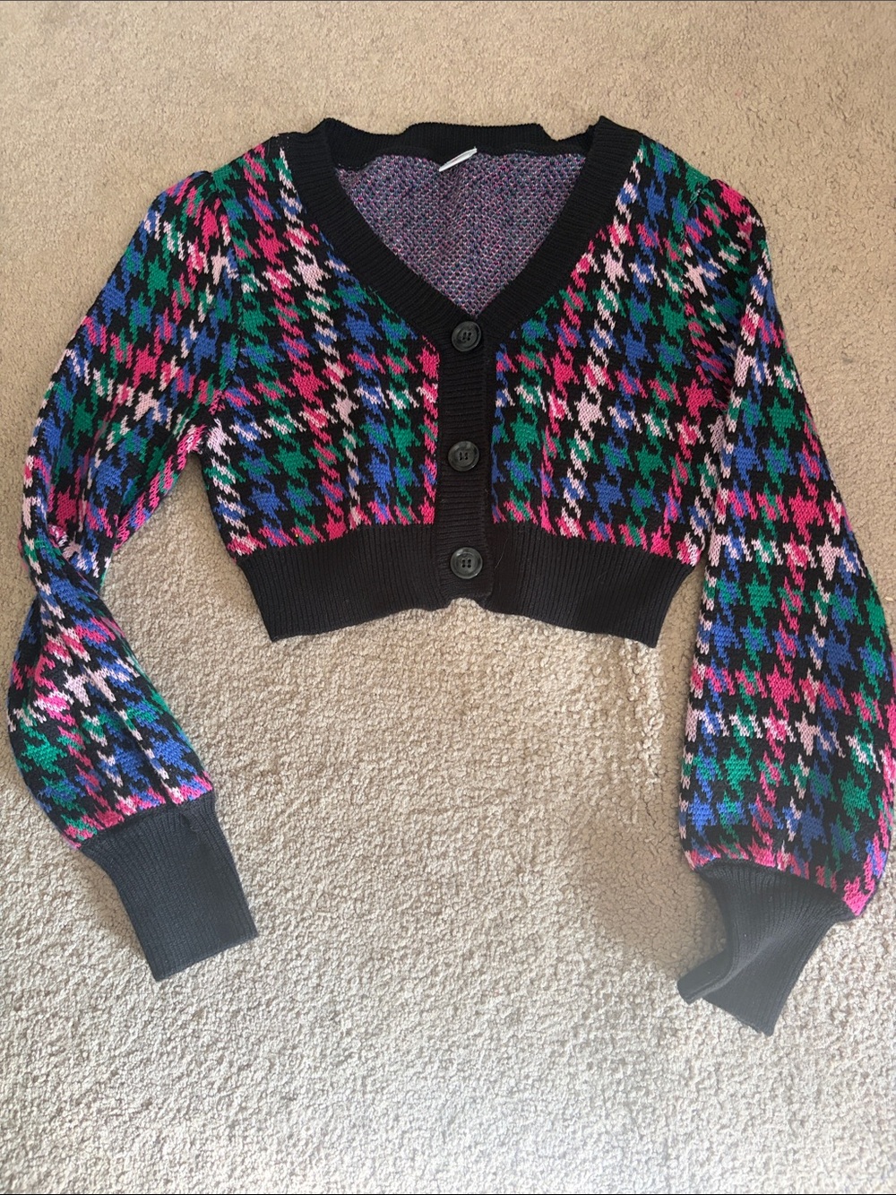 fabkids girls 10/12 Cropped Multicolor Houndstooth V-Neck Cardigan - Black Trim